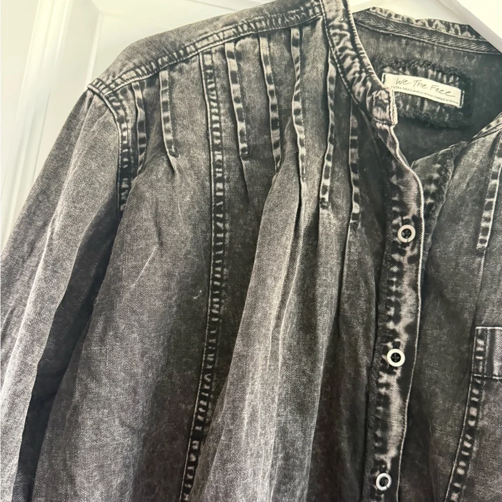 Free People Washed Black Denim Button-Up Top | Boho Oversized Denim Shirt